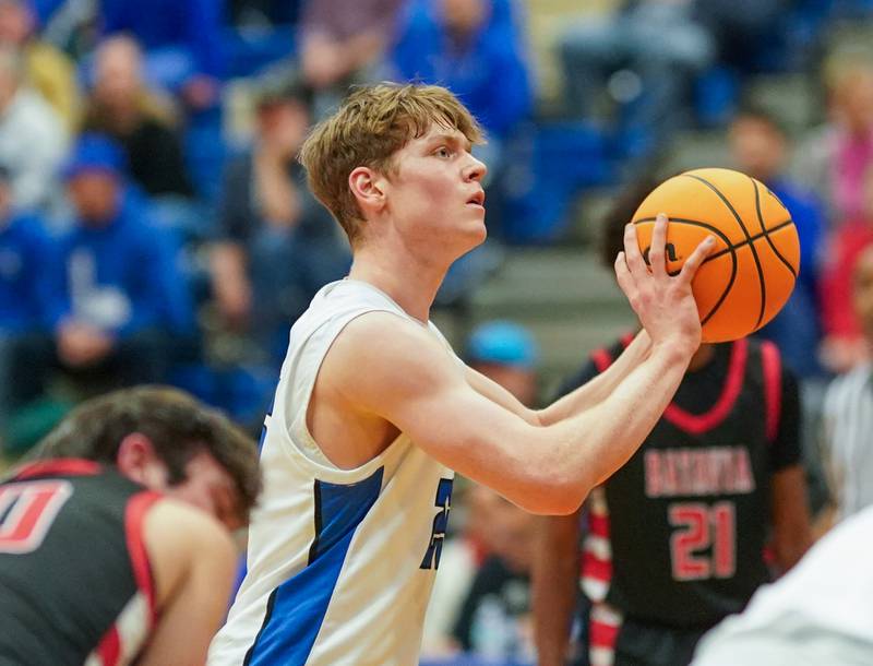 Geneva’s Hudson Kirby (25) shoots a free-throw against Batavia during a basketball game at Geneva High School on Friday, Feb. 7, 2025.