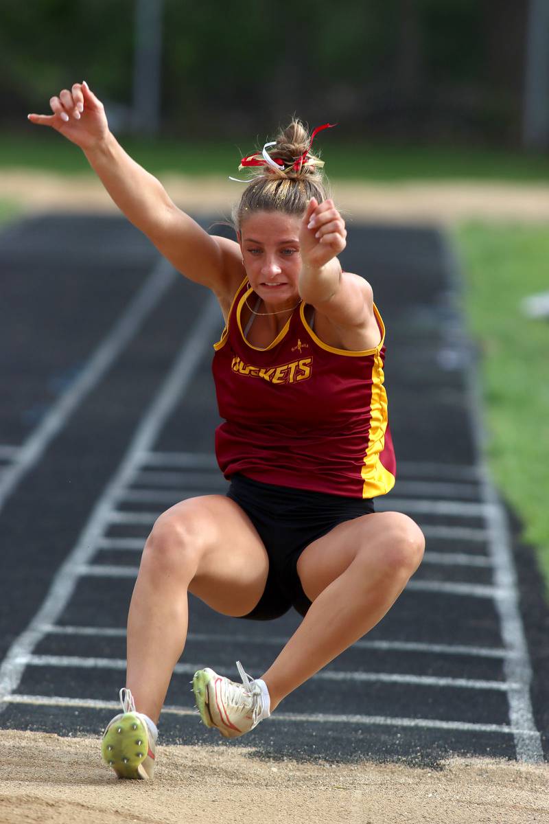 Richmond-Burton’s Sophia Komar competes in the long jump during KRC Conference Track Meet action at Marengo High School in Marengo on Tuesday, May 6, 2025.