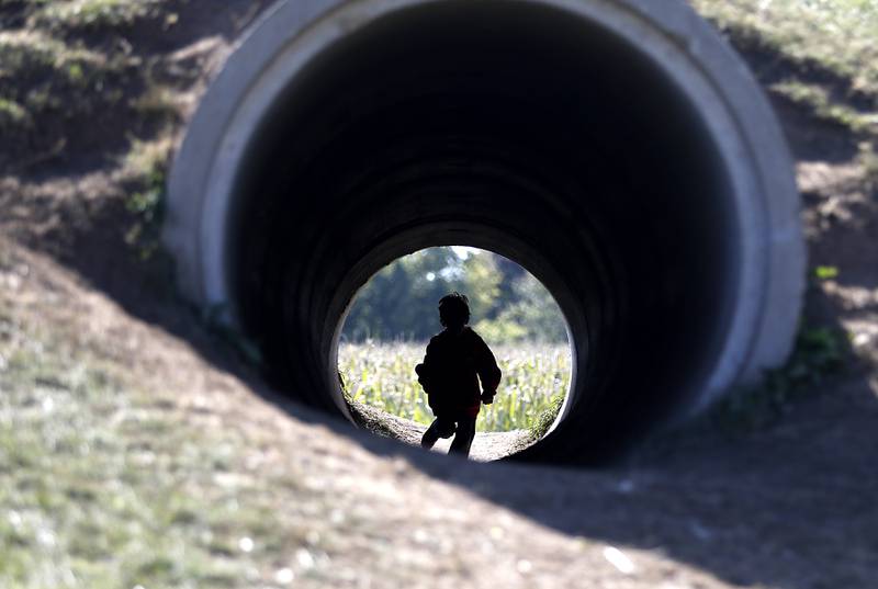 A boy runs through a tunnel as people enjoy fall activities Monday, Oct. 10, 2022, at Richardson Adventure Farm, 909 English Prairie Road in Spring Grove. The farm's main attraction is a James Bond-themed corn maze, but it also features a 50-foot observation tower, train rides, a carousel, picnic areas, wagon rides, a zip line, 150- and 100-foot slides, zorbing, a petting zoo, pumpkin patch, goat feeding area, pedal kart tracks, live music on weekends, a kid's play area, jumping pillows, pig races, air cannons, a paintball shooting gallery, indoor restrooms, gift shop and wine tasting bar.
