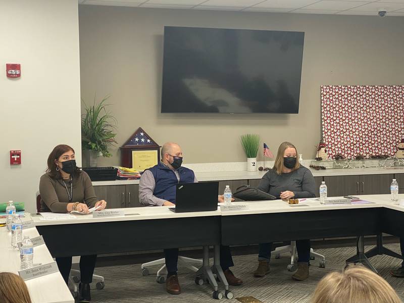 From left: Board Recording Secretary Lisa Beeler, Superintendent Dr. Shannon Dudek, and Board President Sarah Bogard  during Tuesday nights board meeting.