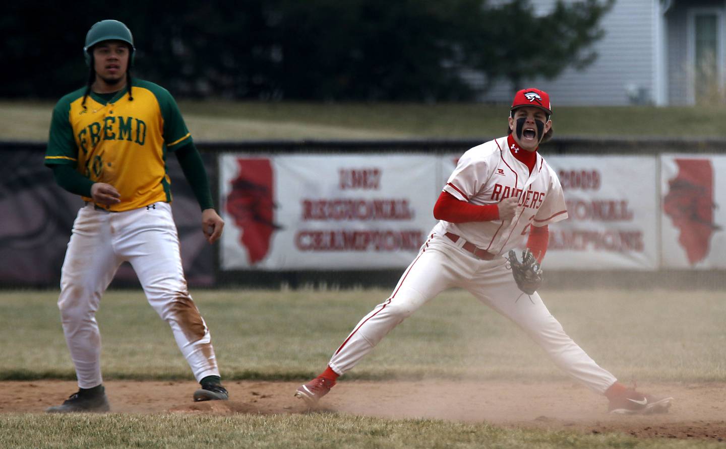 Huntley's Kyle Ziebell reacts to getting Fremd’s Santino lacullo out in the ninth inning of a nonconference baseball game against Fremd on Tuesday, March 24 2026, at Huntley High School.