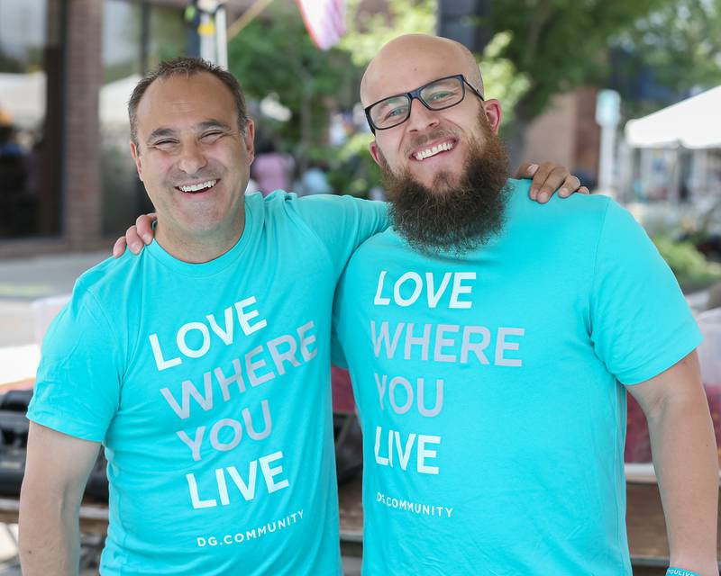 Matthew Rolnick (L) and Brad Mital with Comunity Christian Church at the Downers Grove Rotary GroveFest in downtown Downers Grove. June 24, 2023.