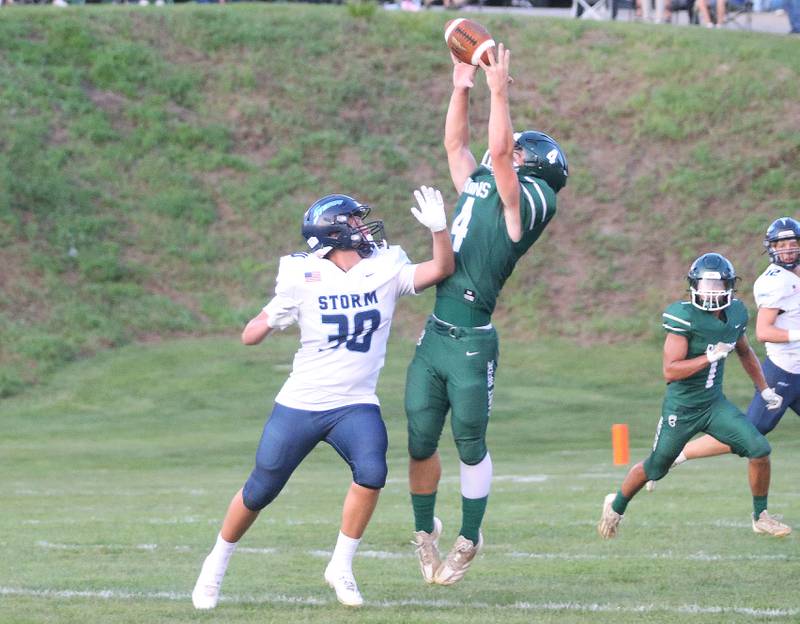 St. Bede's AJ Hermes intercepts a pass intended for Bureau Valley's Blake Foster on Friday Aug. 29, 2025 at St. Bede Academy.