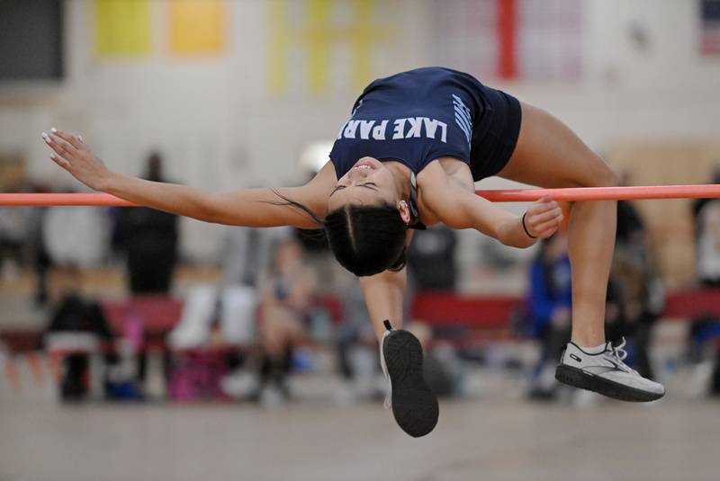 Lake Park’s Gianna Goldsmith wins the high jump at 5 feet even at the Dukane Conference girls indoor track and field meet at Batavia High School on Friday, March 15, 2024.