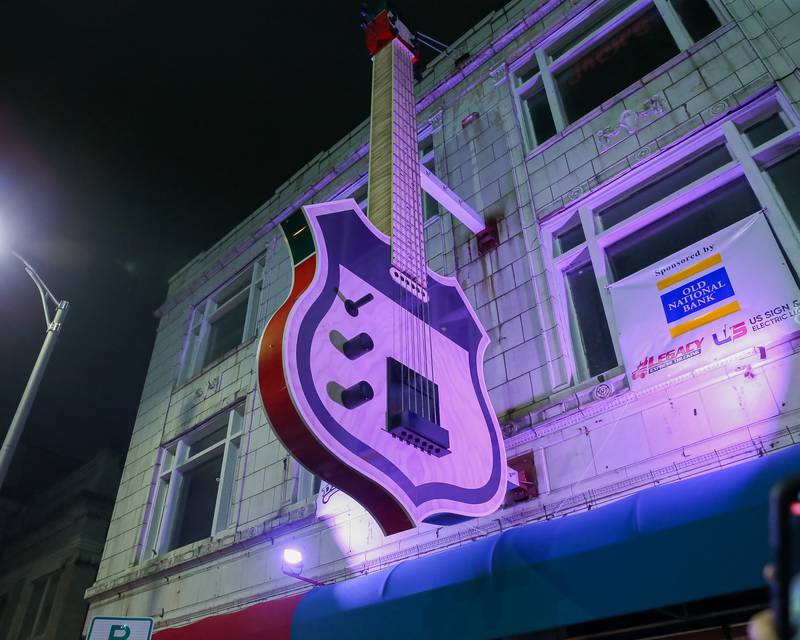 GIGANTAR hangs lit at the celebratory lighting ceremony at the Illinois Rock and Roll museum.  Jan 20, 2023.