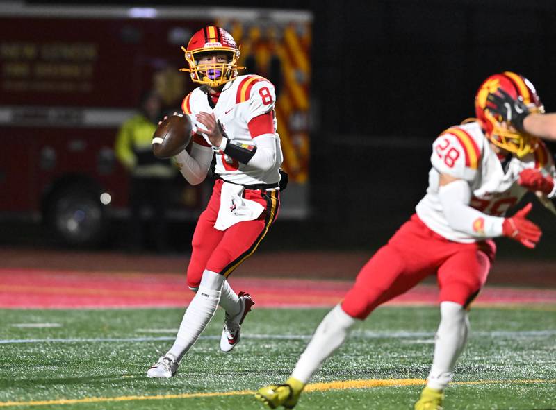 Batavia's Michael Vander Luitgaren (8) looks for a receiver during the Class 7A semifinal playoff game against Lincoln-Way Central on Saturday, Nov 23, 2024 at New Lenox. (Dean Reid for Shaw Local News)