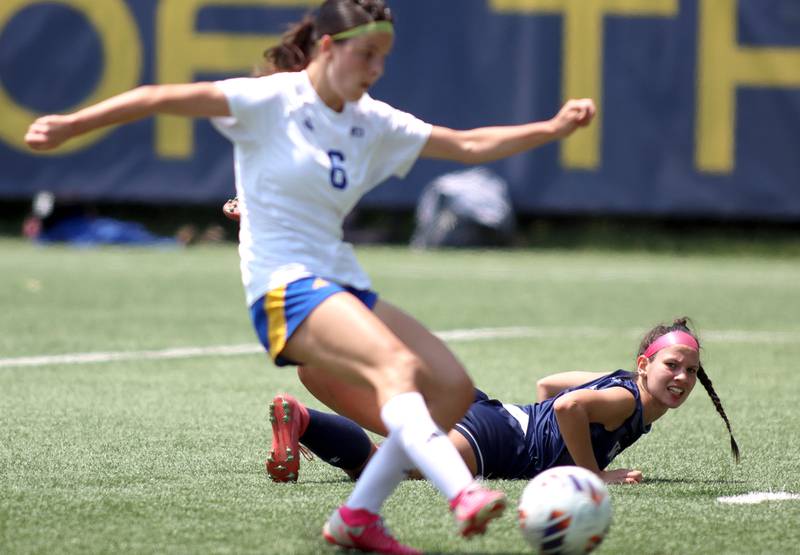 Willows Academy’s Erin Mongoven watches as Johnsburg’s  Liz Smith scores a late goal to tie the game in regulation in IHSA Class 1A Supersectional soccer action at Dominican University in River Forest on Saturday, May 31, 2025.