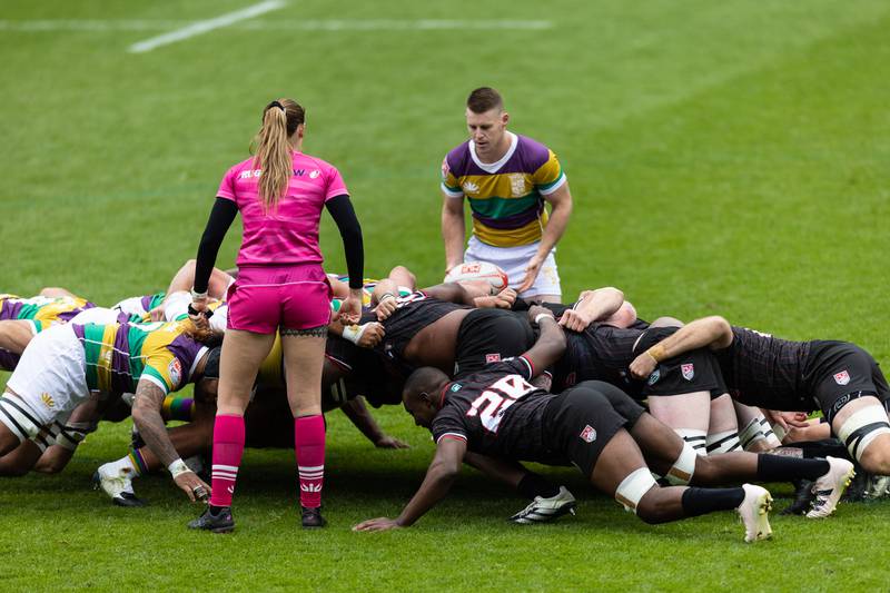 New Orleans Gold's scrum-half Luke Campbell, ball in hand, prepares to insert it into the scrum during a Major League Rugby match against the Chicago Hounds Rugby, at Seat Geek Stadium in Bridgeview, on Sunday April 23, 2023.