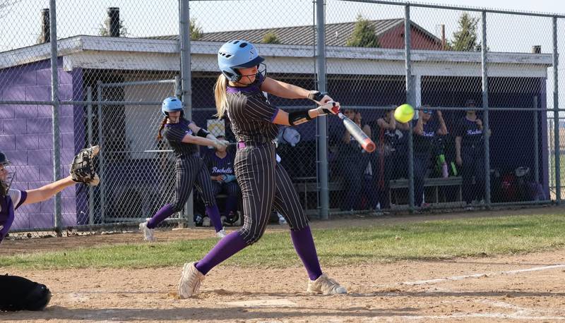 Rochelle's Camryn Metzger slugs a double during Monday's game with Rockford Lutheran.