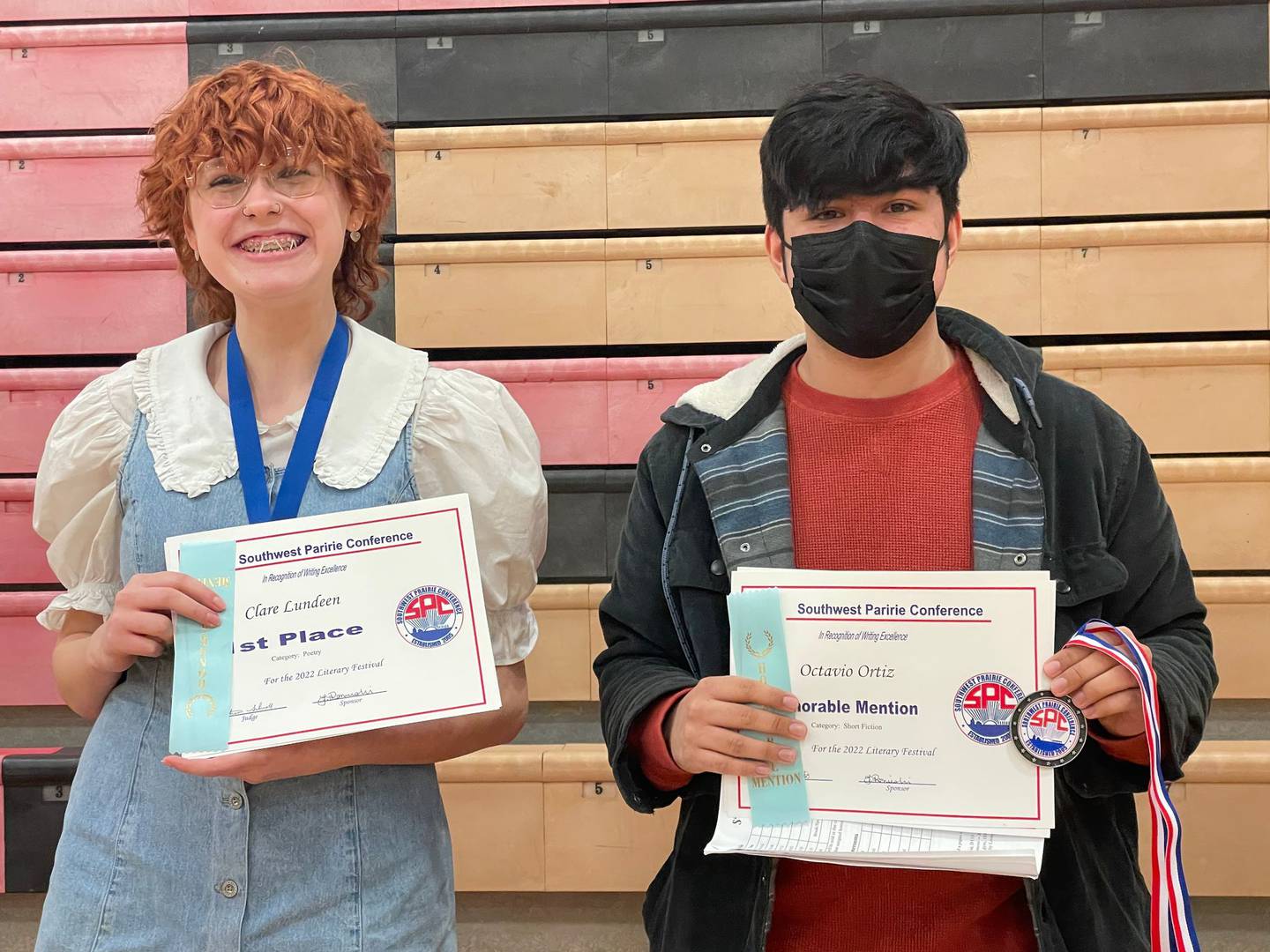 Pictured are Clare Lundeen (Joliet West High School) and Octavio Ortiz (Joliet Central High School). Both students participated in the SPC Literary Festival on Saturday, April 9, 2022, at Yorkville High School. Clare won first place in poetry and honorable mention in personal essay. Octavio won honorable mention and Critic’s Choice in short fiction.