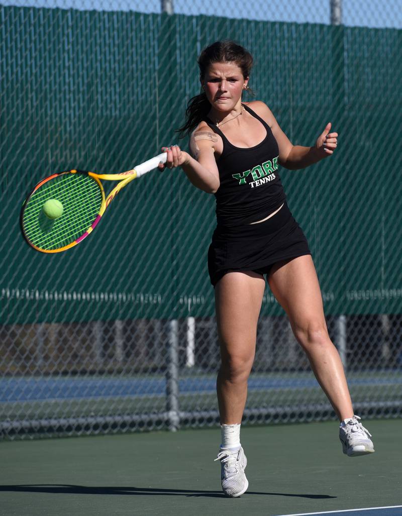 York’s Lizzie Isyanov plays the ball while playing in the Class 2A singles championship match of the girls state tennis tournament at Hersey High School on Saturday, Oct. 26, 2024 in Arlington Heights. Plainfield North’s Jessica Kovalicik won 7-6 (8-6) 6-4.