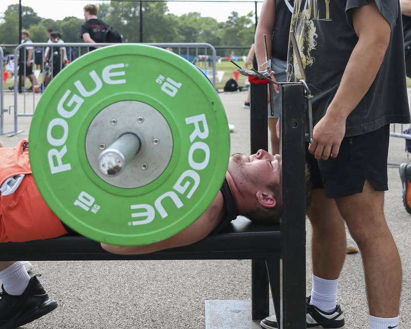Wheaton Warrenville South's Liam Kerney participates in the Bench Press during the West Aurora "Battle of the Butts" Lineman Challenge, July 10, 2025  in Aurora.