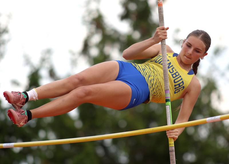 Johnsburg’s Carly Duck clears the bar in the pole vault  in IHSA Class 2A Girls Sectional Track action at Genoa-Kingston School in Genoa on Friday, May 16, 2025.