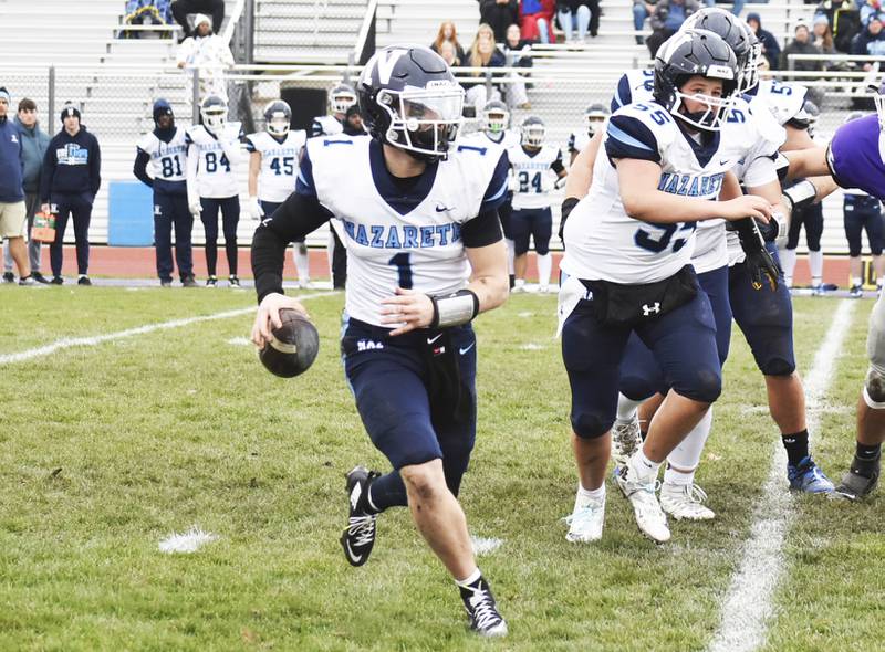 Nazareth quarterback Logan Malachuk scrambles out of the pocket during Saturday's Class 5A quarterfinal game at Rochelle.