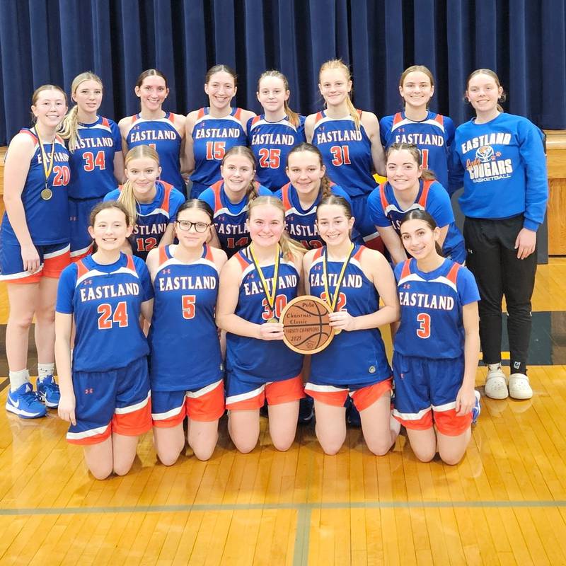 The Eastland girls basketball team is pictured after winning the Polo tournament on Thursday, Dec. 18, 2025. Eastland beat Polo 50-44 in the championship.