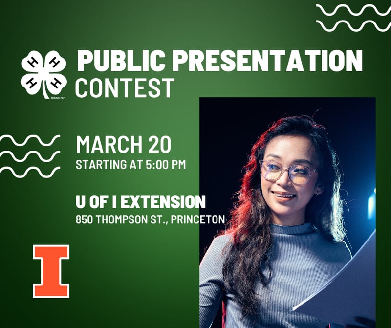 Local youth, ages 8-18, are invited to participate in the University of Illinois Extension’s 4-H Bureau County Public Presentation Contest. The event will begin at 5 p.m. on Monday, March 20 at the office located at 850 Thompson St. in Princeton.