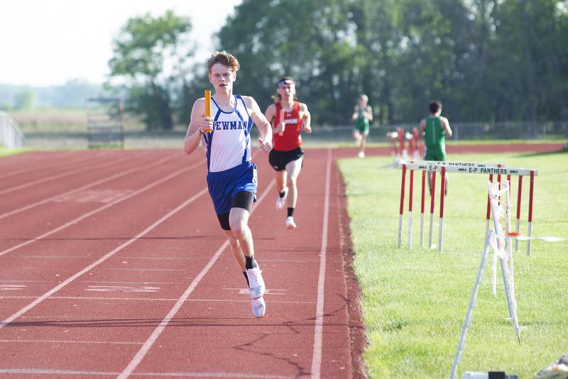 Newman's Lucas Simpson comes in first in the 4x800 at the class 1A Erie track sectionals on Thursday, May 19, 2022.