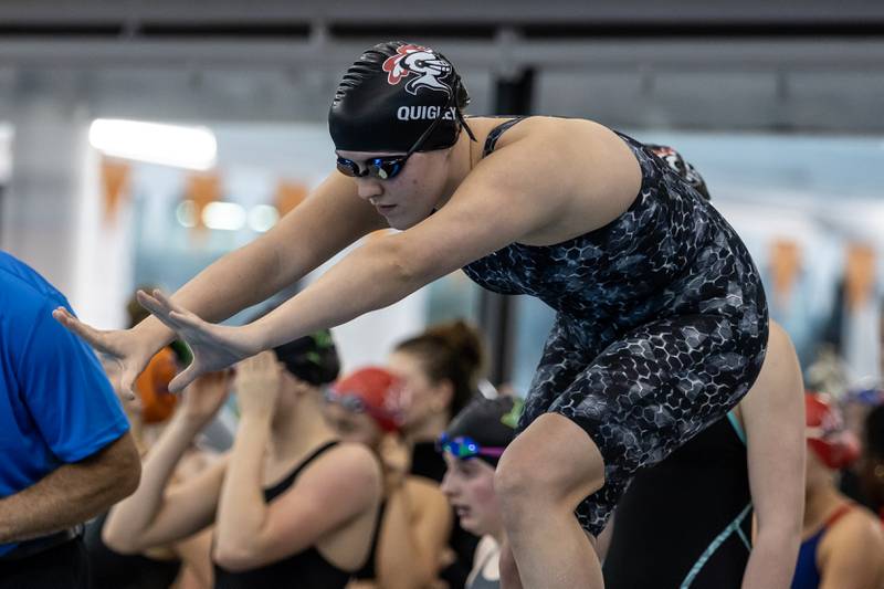 Lincoln-Way Central’s Hannah Quigley competes in the 200 Yard Medley Relay during the IHSA Girls State Swimming Preliminaries at FMC Natatorium in Westmont on Nov. 14, 2025.