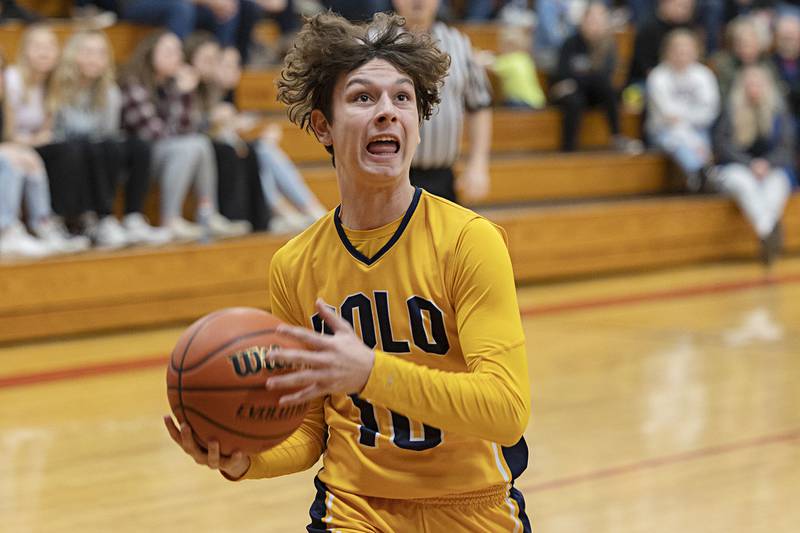 Polo’s Carter Merdian eyes the hoop against Milledgeville Monday, Dec. 19, 2022 in the Forreston Holiday Tournament.