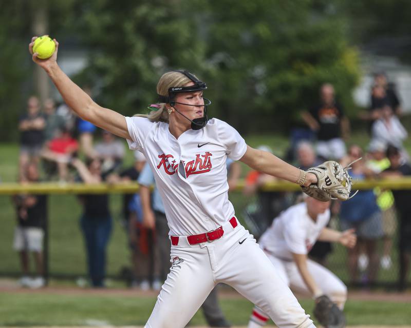 Lincoln-Way Central's Lisabella Dimitrijevic (13) delivers a pitch during Class 4A Lockport sectional softball game between Lincoln-Way Central at Lincoln-Way West on Tuesday, June 3, 2025 in Lockport.