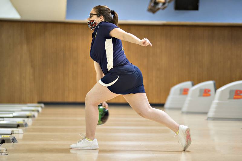 Sterling’s Loralei Michels rolls her ball down the lane Monday, Jan. 10, 2022 against Dixon.