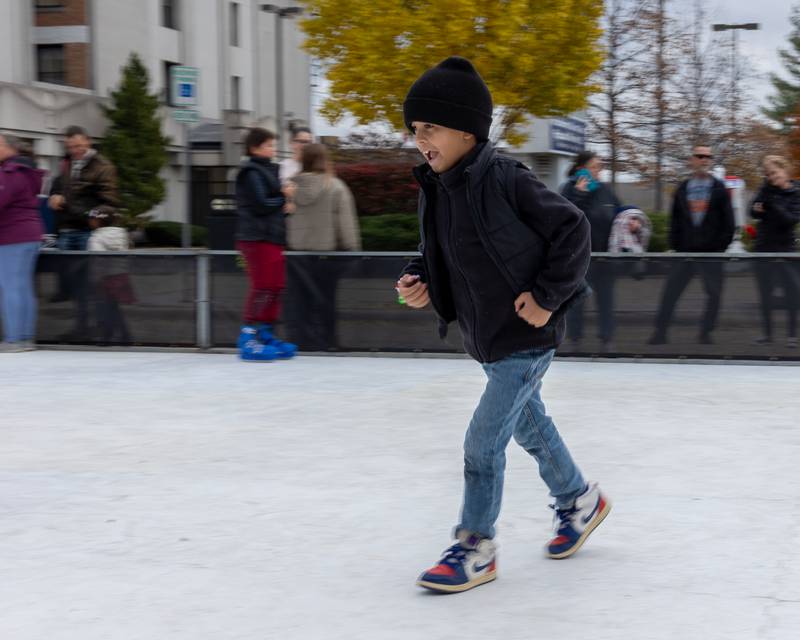 Knox Paull glides across Ice-Skating rink at Frosty on First on Saturday, November 8, 2025 on First Street in La Salle.