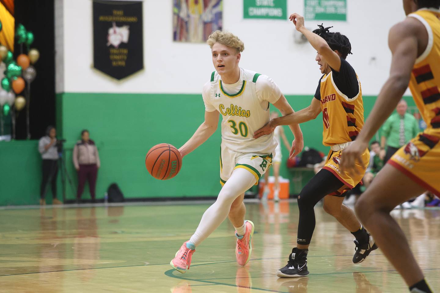 Providence’s Seth Cheney looks for a play against Southland College Prep on Monday, Feb. 5th 2024 in New Lenox.