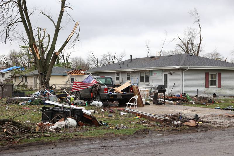 Damage is seen along Strasma North Drive in Aroma Park on March 11, 2026 following a March 10 tornado that passed through Kankakee County.