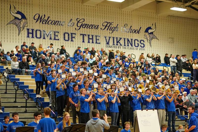 The Geneva marching band during a basketball game against Batavia at Geneva High School on Friday, Feb. 7, 2025.