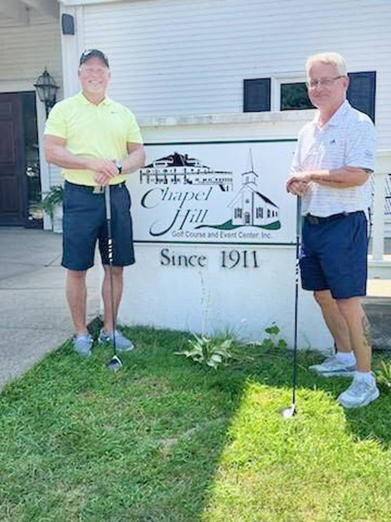 Steve Grundman (left) and Scott Underwood won the Chapel Hill 2-man Scramble Golf Tournment. They defeated Kirk Wray and Josh Purvis 68-70 as well as a field of eight other teams in the inaugural year for this event.