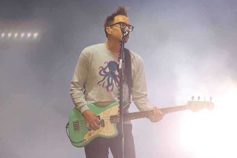 Mark Hoppus of Blink-182 performs at Lollapalooza on Sunday, Aug. 4, 2024 in Chicago.