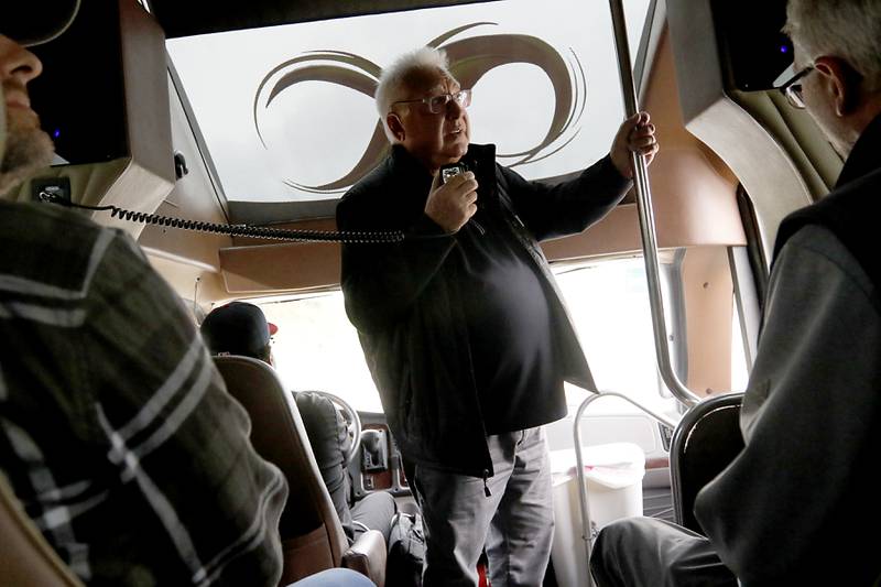 Jack Pease explains the Super Aggregates Marengo Lakes mine during the McHenry County Sand and Gravel Mining Tour on Thursday, Oct. 12, 2023. The tour brought McHenry County board members, township and village officials on a four hour trip to visit operating mines on Route 23 in Marengo and to former sites now reclaimed for housing, recreation in Algonquin and Cary.