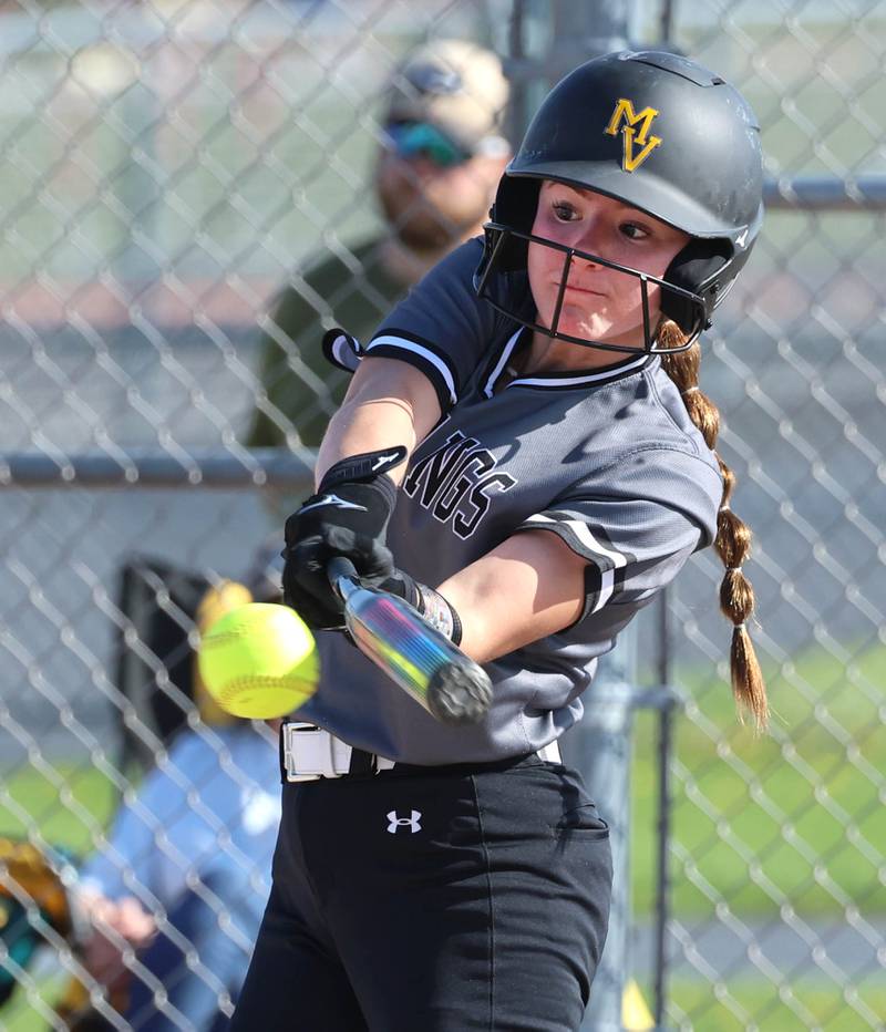 Metea Valley's Rayma Miller makes contact Wednesday, April 22, 2026, during their game at DeKalb High School.