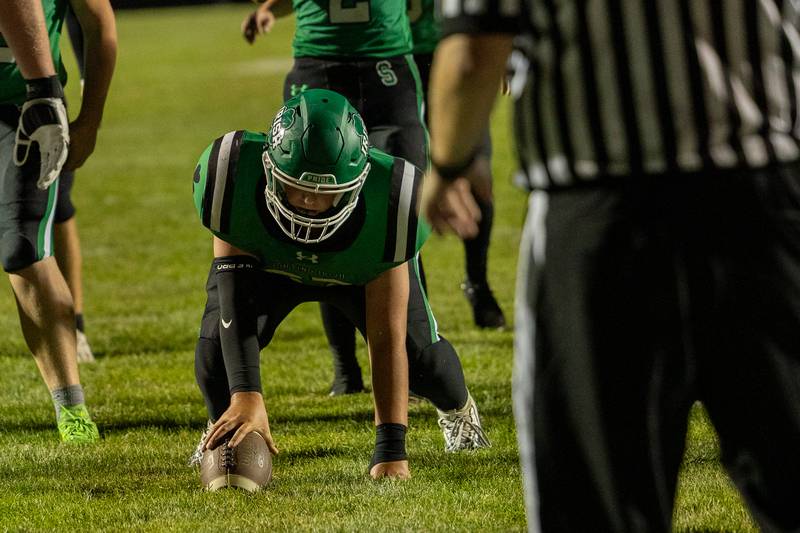 Jace Mitchell (67) of Seneca gets in position to snap ball on Friday, Aug 29, 2025 at Seneca High School in Seneca.