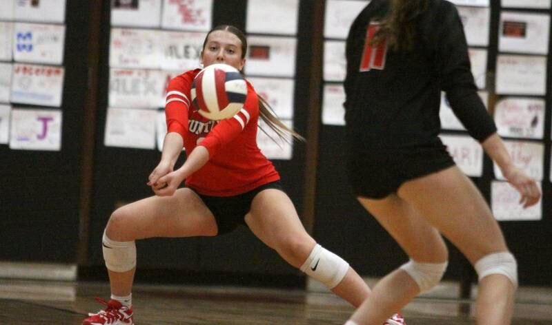 Huntley’s Alexandria Goritz passes the ball against  Burlington Central in varsity volleyball at Huntley High School in Huntley on Thursday, Oct. 24, 2024.