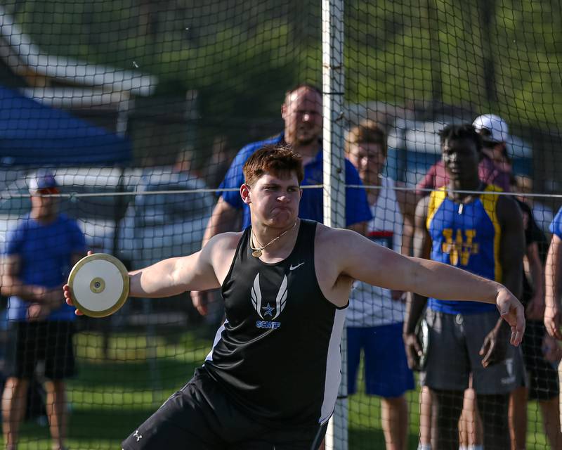 St Charles North's Paolo Gennarelli competes in the discus throw during the DuKane Conference Track and Field meet at Wheaton Warrenville South.  May 13.2022.