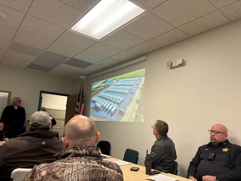 Residents attend a Prairie Grove Village Board meeting on Dec. 2, 2025 to hear a presentation by Eolian Energy considering to propose a battery storage facility.
