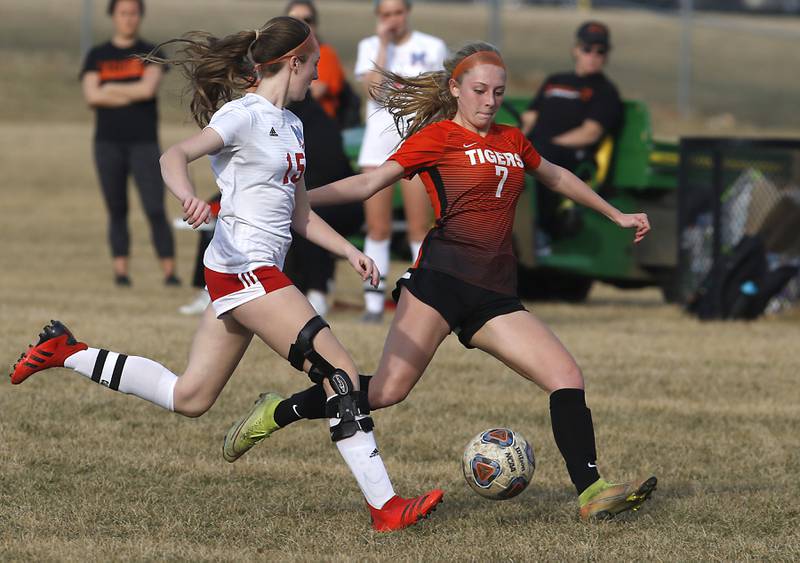 Crystal Lake Central's Sam Sander, right, kicks the ball towards the gioal as she is defended by Marian Central's Angelina Cutrona, left, during a non-conference soccer match Monday, March 21, 2022, between Crystal Lake Central and Marian Central at Crystal Lake Central High School.
