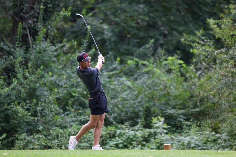Bradley-Bourbonnais' Max LaMore watches his drive during the Bill Breeden All-Area Classic at the Kankakee Elks on Monday, Aug. 18, 2025. LaMore would score the team low of 84 to earn fifth place individually to help the Boilermakers take second place overall.
