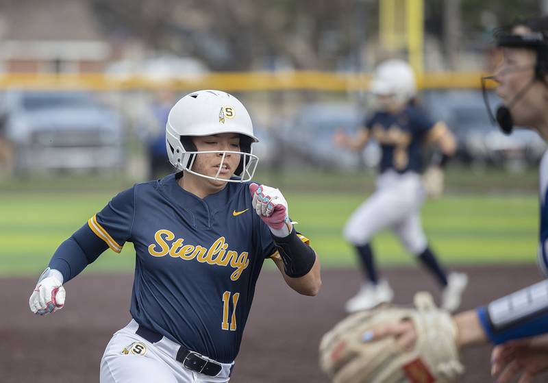Sterling’s Layla Wright rounds third against Quincy Tuesday, March 31, 2026.