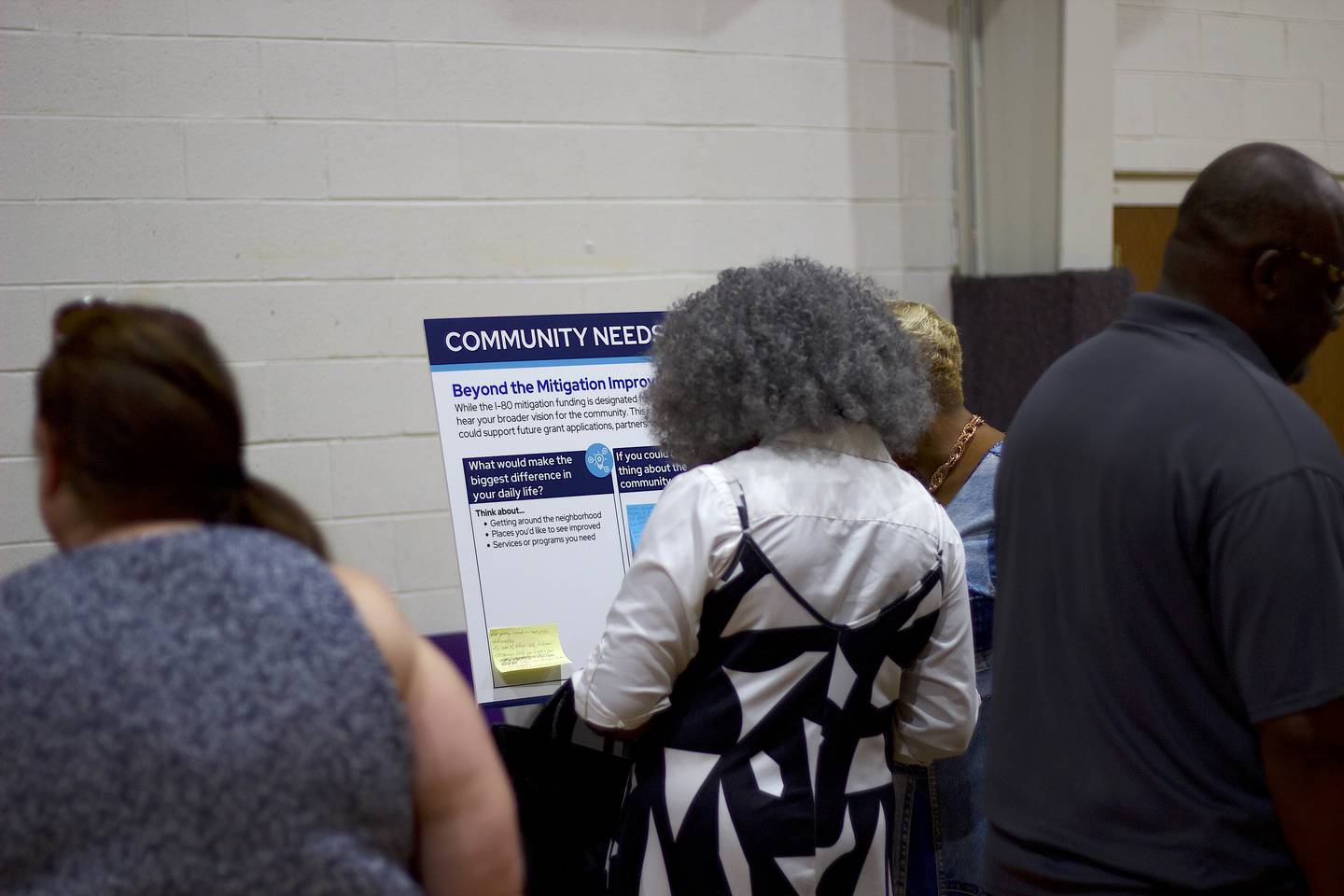 Attendees at the first public meeting for the Interstate 80 Des Plaines River Bridge Community Plan on Tuesday, July 22, 2025, at All Nations Church of God, 507 Water St., Joliet.