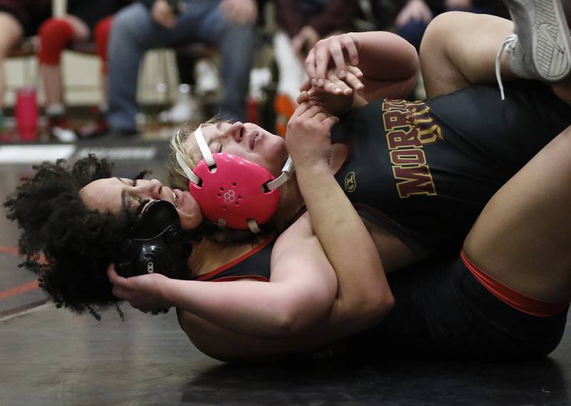 Huntley’s Nariah Adams controls Morris’ Tessa Niekirk in the 140-pound match of a nononference wrestling meet on Wednesday, Jan. 22, 2025, at Huntley High School.