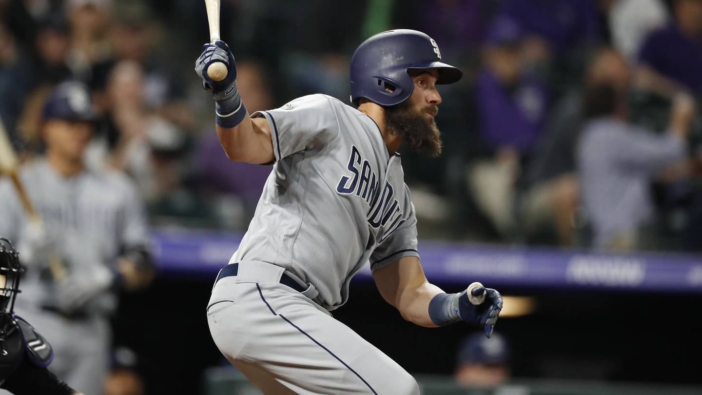 San Diego Padres right fielder Nick Martini (2) in the eighth inning of a baseball game Friday, Sept. 13, 2019, in Denver.