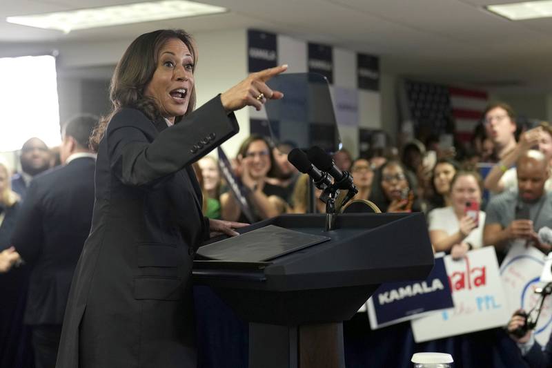 Vice President Kamala Harris speaks at her campaign headquarters in Wilmington, Del., Monday, July 22, 2024. (Erin Schaff/The New York Times via AP, Pool)