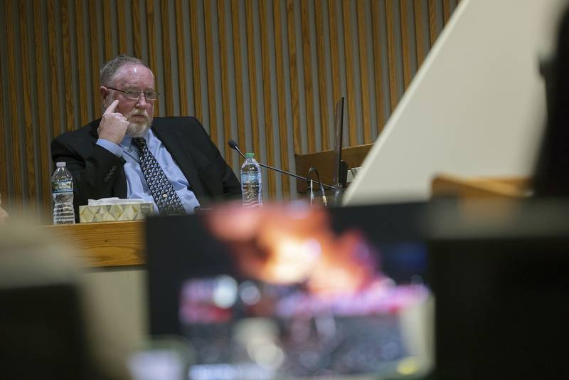 Retired Sterling Fire Chief Michael Dettman testifies Wednesday, Nov. 12, 2025, during the Ramos wrongful death trial in Whiteside County Court. Dettman was tasked with Operation Commander at the scene of the blaze that killed firefighter Garrett Ramos.