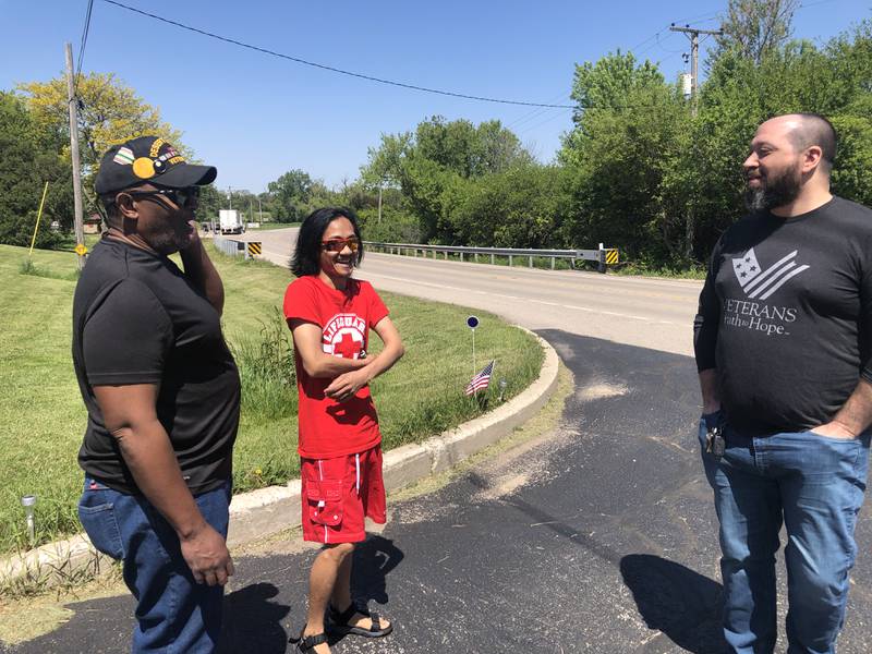 Reginald Bardliving, Victor Levy and Dan Ippolito, on May 26, 2023, at New Horizons in Hebron. The three veterans were among several who responded on Tuesday, May 9, 2023, when a crash occurred in front of their home for veterans experiencing homelessness.