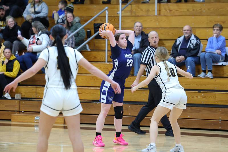 Grace Christian's Abby St. John looks to pass under pressure from Reed-Custer's Kamryn Wilkey during the Comets' 55-24 victory over Grace Christian at the Reed-Custer Classic on Monday, Nov. 17, 2025.