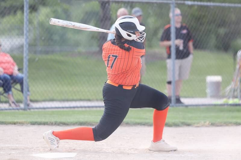 Minooka’s Jaelle Hamilton singles against Normal in the Class 4A sectional semifinal on Tuesday, May 21, 2024 in Minooka.