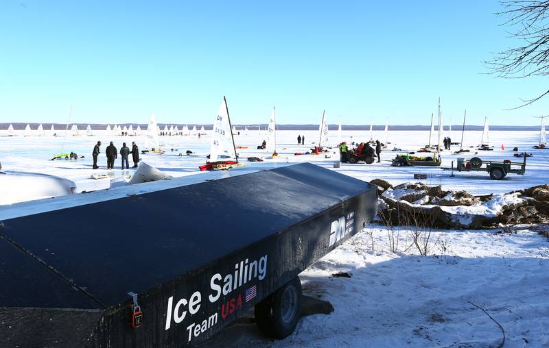 An ice sailing trailer is parked for the 2022 US National ice boat racing at the shoreline of Senachwine Lake on Wednesday Jan. 27, 2022 near Putnam.