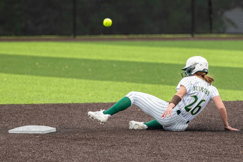 (26) Emma Slingsby of St. Bede slides into second base as ball gazes past her on Tuesday, May 27, 2025 at Illinois Valley Central High School in Chillicothe.